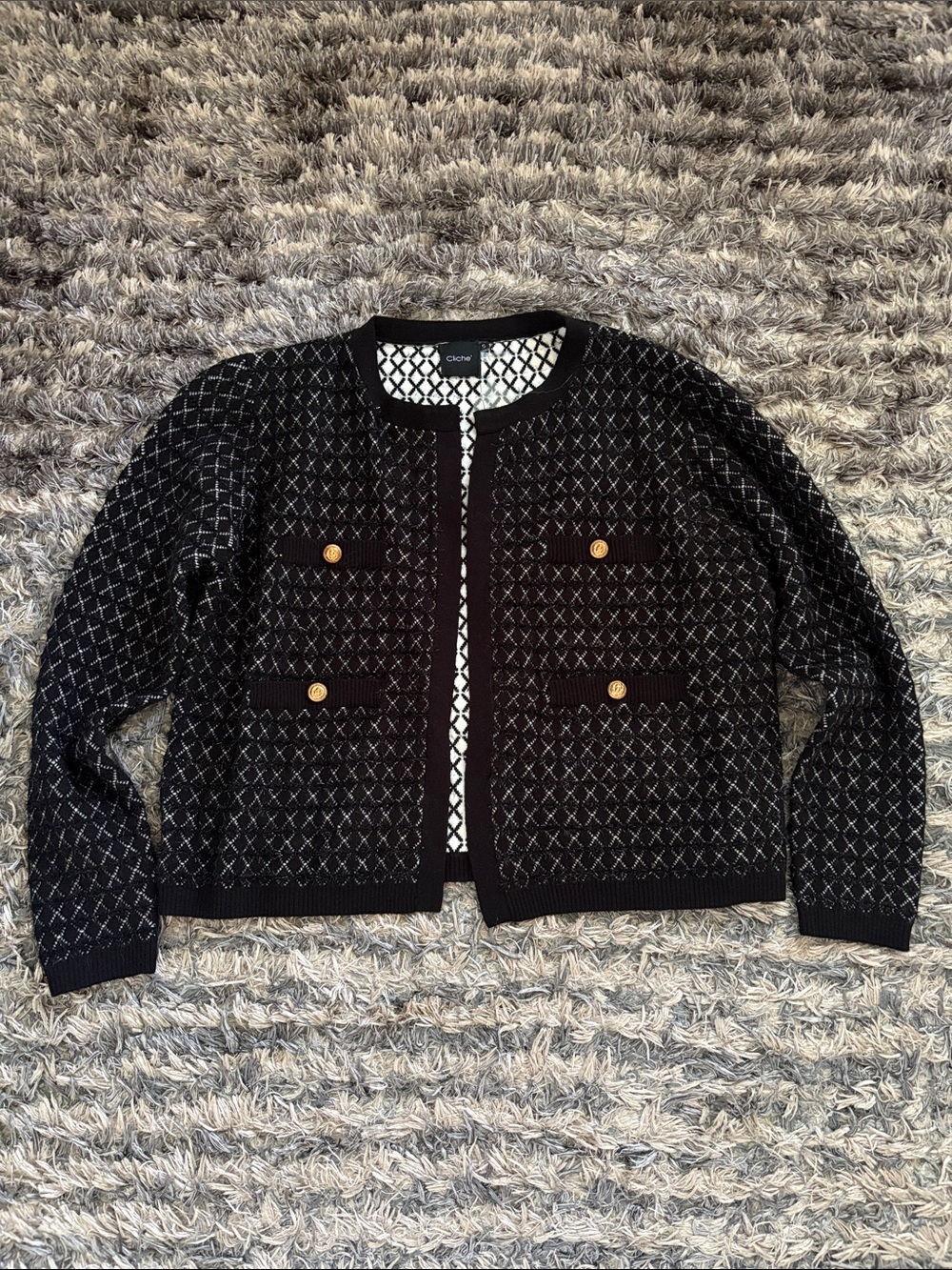Cliche’s Black & White Wool Blend Blazer with Gold Buttons Size S